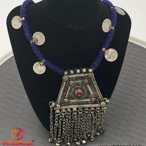 Handmade tribal Afghani metal necklace with beaded strip,Afghan pendant necklace